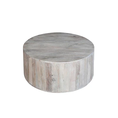 The Urban Port 36 Coffee Table Handcrafted Drum Shape Sandblasted Washed White Mango Wood White