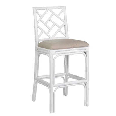 Stacie Rattan Barstool White - East At Main: Coastal Beach Style, No Assembly, Cotton & Polyester Upholstery