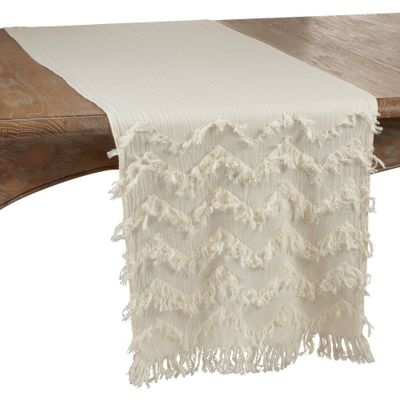 72 x 16 Cotton Chevron Fringed Table Runner White - Saro Lifestyle