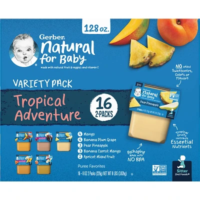 Gerber Baby Food Stage 2 Tropical Adventure Variety Pack Puree 2oz Tubs (32 Pack)