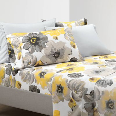 King 6pc Leah Patterned Sheet Set Yellow/Gray - Lush Dcor: Microfiber, Botanical Floral, 225 Thread Count