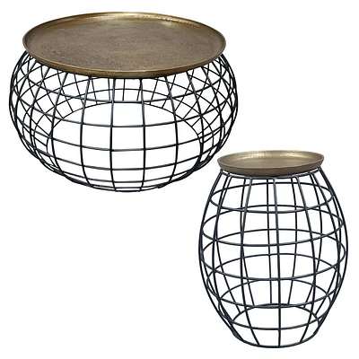 The Urban Port 2pc Coffee and End Table Set Round Antique Brass Tray Top with Curved Cage Design Iron Base Coffee Table Brass/Black