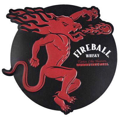 16 x 15.5 Fireball Whisky Embossed Metal Sign Black/Red - American Art Decor: Cinnamon Liquor Logo, Man Cave Decor, Saw-Tooth Hanger