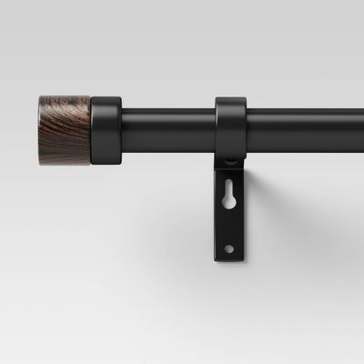 36-66 Walnut Wood Cap Curtain Rod Black - Threshold: Adjustable Metal Single Rod, 30lb Capacity