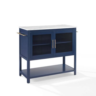 Katrina Kitchen Island Navy/White Marble - Crosley: Faux Marble Top, Glass Doors, Towel Bars