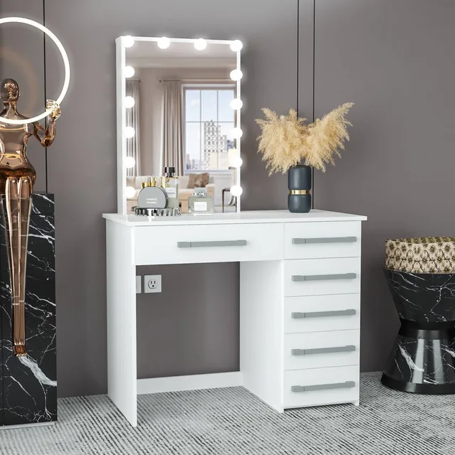 White LED Makeup Vanity Desk With 11 Light Bulbs & 5 Drawers – Modern Dressing Table For Girls Bedroom