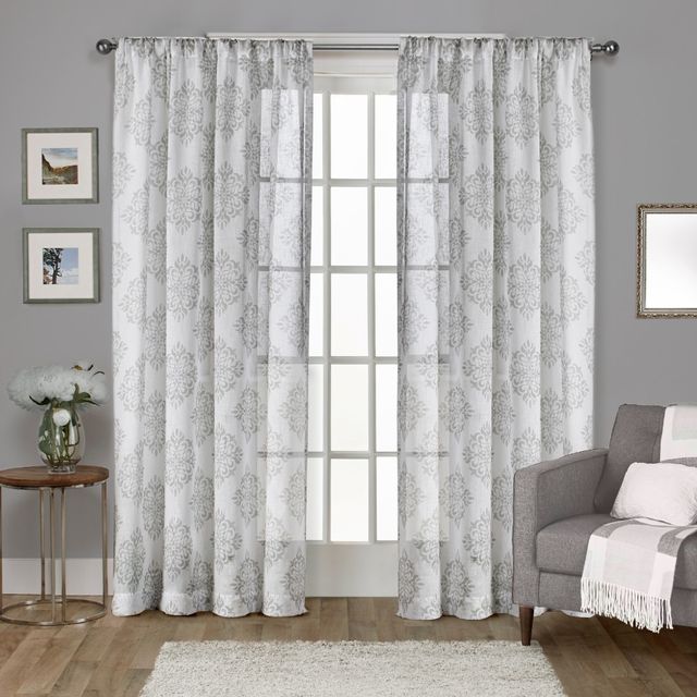 Set of 2 96x54 Nagano Belgian Linen Medallion Print Rod Pocket Sheer Window Curtain Panel Light Gray - Exclusive Home: Sheer Curtain Panels