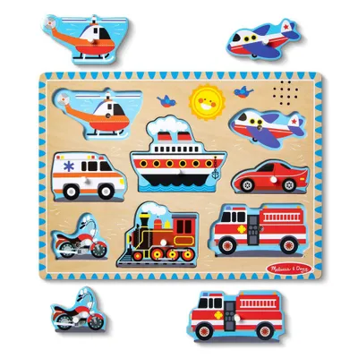 Melissa & Doug Vehicles Sound Puzzle - Wooden Peg Puzzle With Light-Activated Sound Effects - 8pc