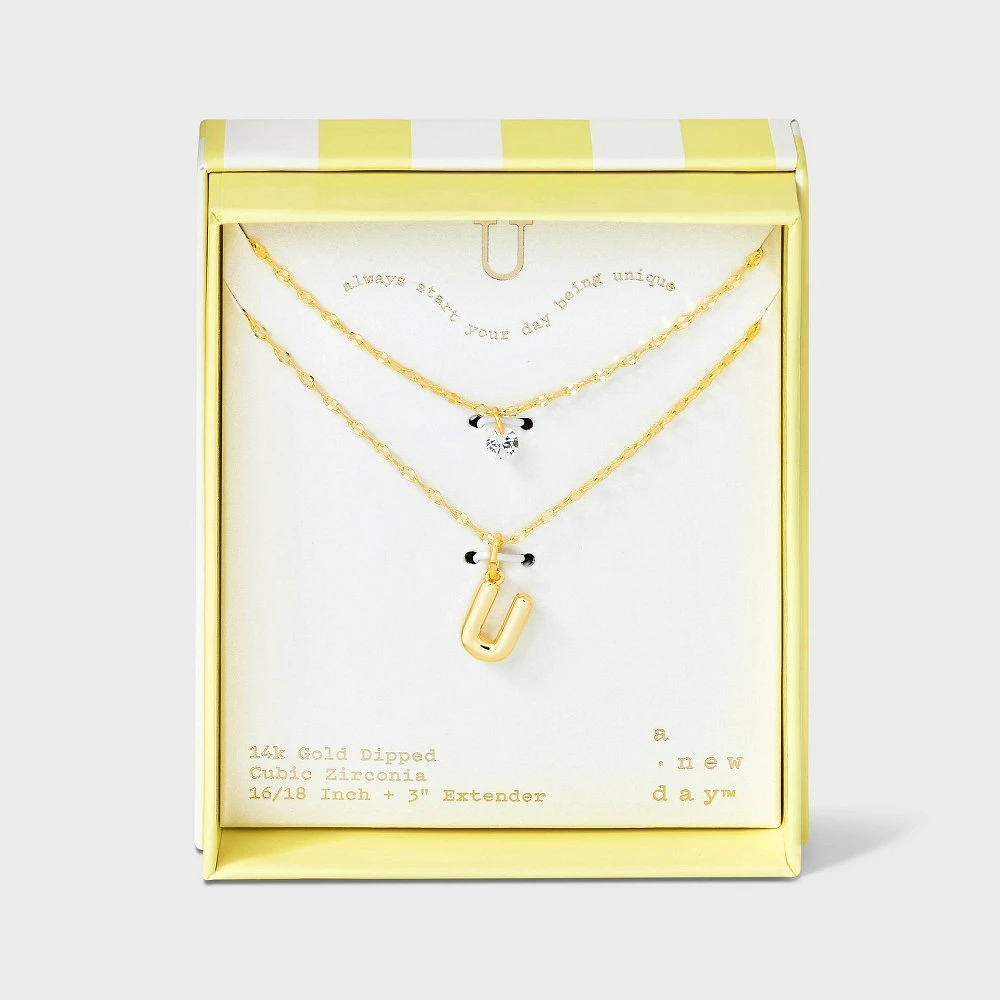 14K Gold Dipped Initial U Cubic Zirconia Layered Chain Necklace - A New Day Gold