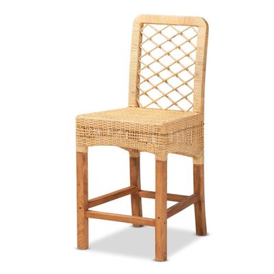 bali & pari Moscow Rattan and Wood Counter Height Barstool Natural/Walnut: Bohemian Style, Mango Frame, No Assembly Required