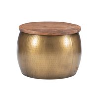 Small Beaton Boho Hammered Drum Side Table with Storage in Brass Solid Wood Top in Natural - Powell