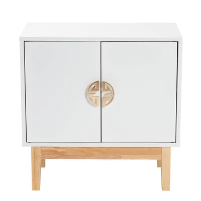 Kamana Two-Tone Wood and Metal 2 Door Storage Cabinet White/Gold/Oak Brown - Baxton Studio: Geometric Handles, Tapered Legs