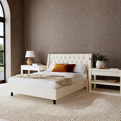 Queen Gilford Wingback Platform Bed in Linen Talc - Threshold: Contemporary Style, Pine Frame