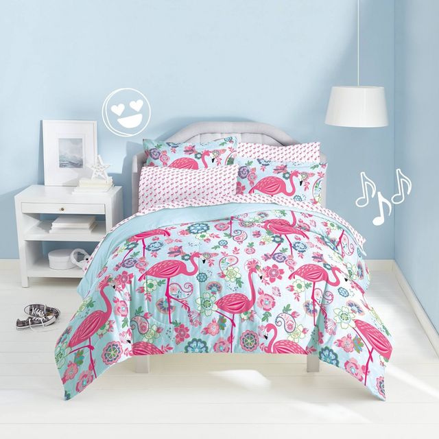 Flamingo Reversible Mini Kids Bed in a Bag - Dream Factory: Girls Bedding Set, Microfiber, Animal Print