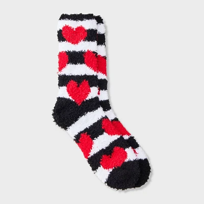 Women Stripe & Heart Valentine Day Cozy Crew Sock - Black 4-10