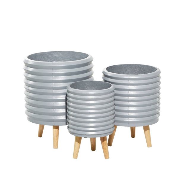 Set of 3 Contemporary Wood Planters Gray - Olivia & May: Fiber Clay Grooved Design, No Drainage, Tabletop Display