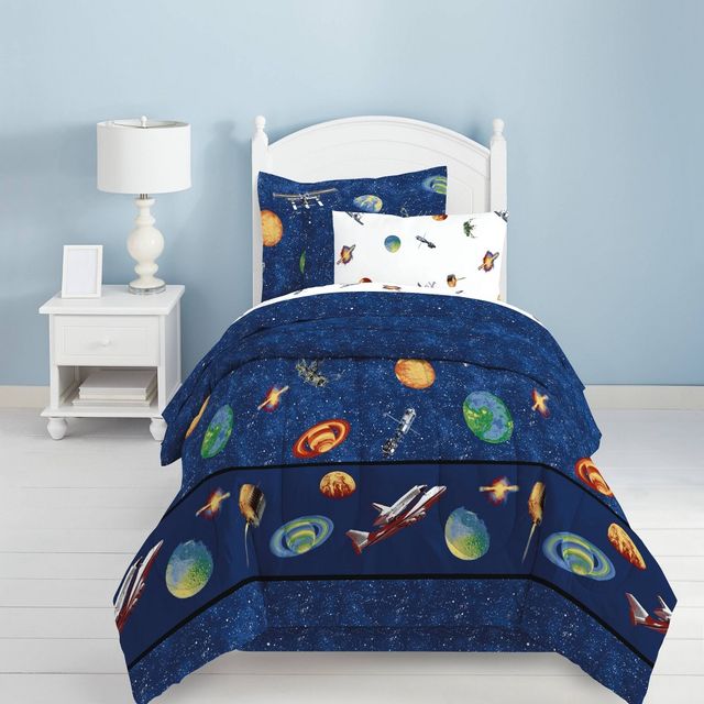 Outer Space Mini Kids Bed in a Bag Blue - Dream Factory: 7-Piece Bedding Set, Space Theme, Cotton & Microfiber