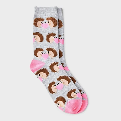 Women Hedgehog Valentine Day Crew Sock - Gray/Light  4-10