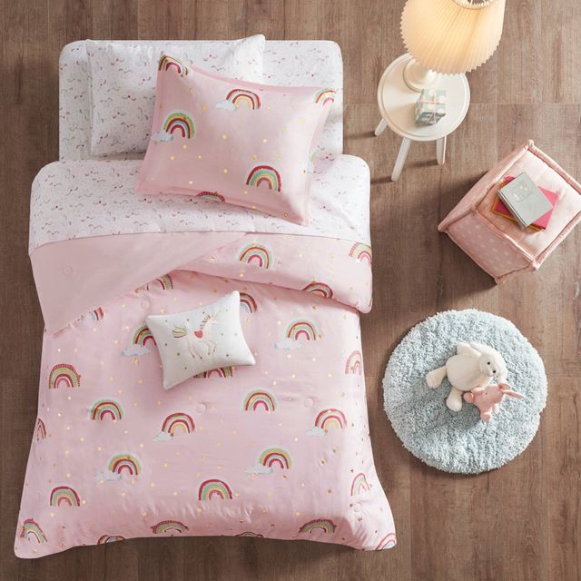 Twin Natalie Rainbow with Metallic Printed Stars Kids Comforter Set with Bed Sheets Pink - Mi Zone