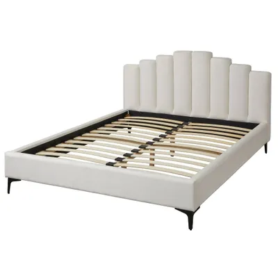 Queen Stark Upholstered Platform Bed White - Lifestorey: Art Deco Skyscraper Headboard, No Box Spring Needed