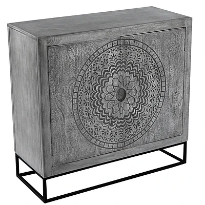 The Urban Port 39 Cabinet with 2 Doors Medallion Engraved Sandblasted Black Iron Framed Stand Gray/Black