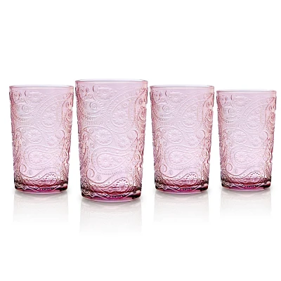 Godinger Silver Set of 4 Paisley High Ball Glasses Blush: Crystal Cordial Drinkware, Dishwasher-Safe, 8.5 oz Capacity