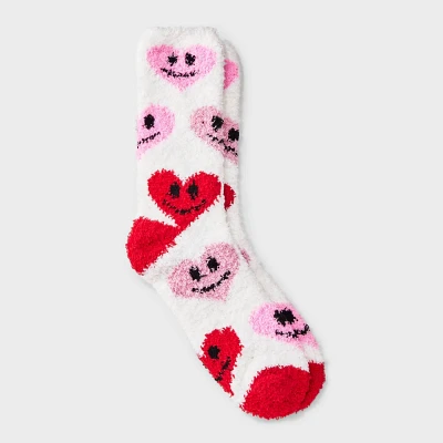 Women Smiley Heart Valentine Day Cozy Crew Sock - Cream/Red/ 4-10