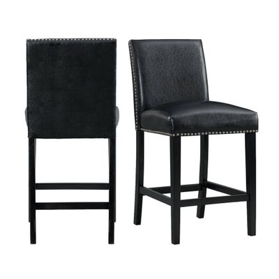 Set of 2 Pia Faux Leather Counter Height Barstool Set Black - Picket House Furnishings: Chrome Hardware, Rubberwood Frame