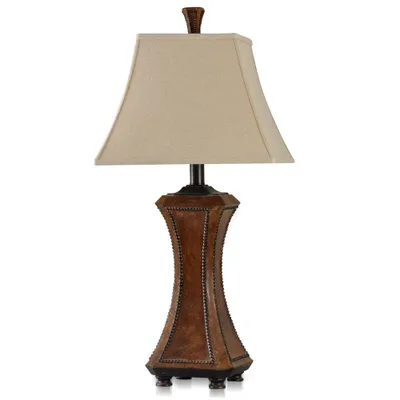 Archer Table Lamp Faux Wood and Nailhead Trim Light Beige - StyleCraft: Transitional Style, Polyresin Base, Linen Shade