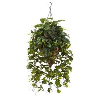 Nearly Natural Vining Mixed with Cone Hanging Basket: Faux Floral Decor, Indoor Wall Planter