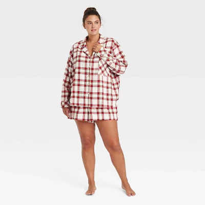 Women Plaid Flannel Long Sleeve Top and Short Pajama Set