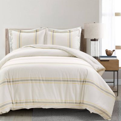 3pc Full/Queen Farmhouse Stripe Reversible Duvet Set Yellow/Gray - Lush Dcor: Cotton Bedding with Pillow Shams