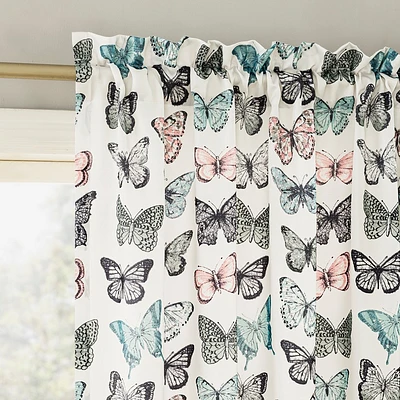 No. 918 Room Darkening Magdalena Butterfly Print Rod Pocket Curtain Panel Blue: Energy Efficient Drapes