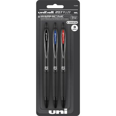 uniball 3pk 207 Plus+ Retractable Gel Pens 0.7mm Black/Blue/Red