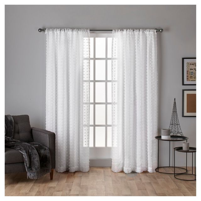 Set of 2 84x54 Spirit Woven Pouf Applique Sheer Rod Pocket Window Curtain Panel White - Exclusive Home: Geometric Pattern, Indoor Use