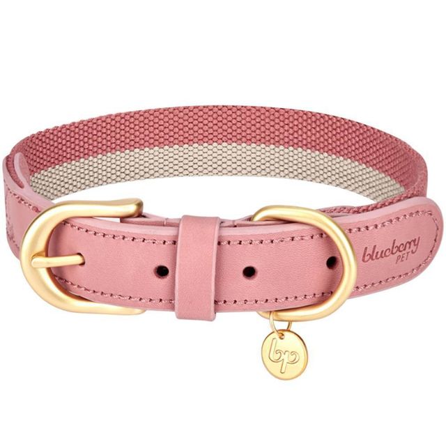 Blueberry Pet Polyester and Leather Dog Collar - L - Pink and Gray