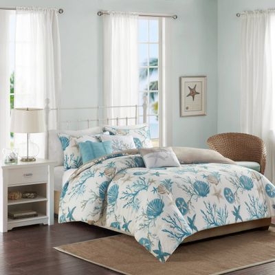 Madison Park 6pc Ocean View Cotton Sateen Duvet Cover Set Aqua: Coastal Style, 210 Thread Count