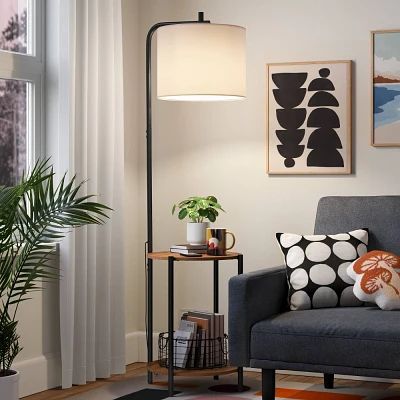 Floor Lamp with Table Natural Wood - Room Essentials: ETL Listed, Linen Shade, Metal Body, 60 Height