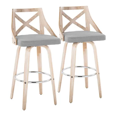 LumiSource Set of 2 Charlotte Barstools White Wash/Light Gray: Upholstered Swivel Counter Height Stools