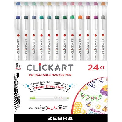 Zebra 24pk Clickart Retractable Creative Markers 0.6mm Assorted Colors