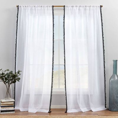 Set of 2 (96x54) Tassels Embellished Sheer Rod Pocket Curtain Panels Black - Exclusive Home