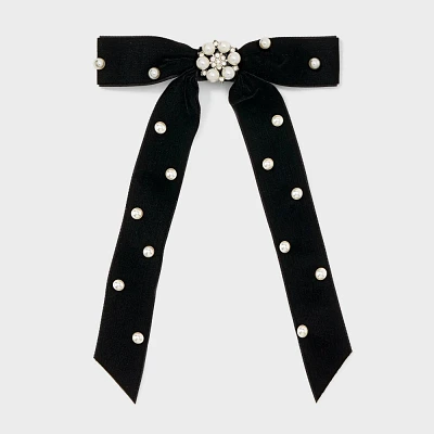 Velvet Pearl Bow Hair Barrette - A New Day Black