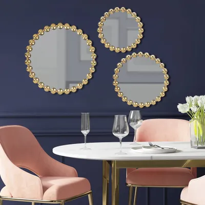 3pc Marlowe Gold Beaded Round Wall Mirror Set - Madison Park: Antique Foil Finish, Iron Frame, No Assembly Required