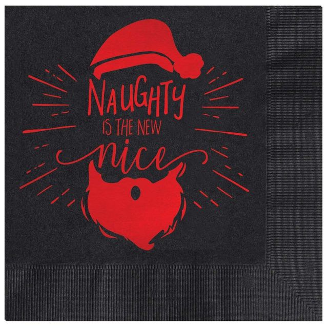 25ct Naughty is The New Nice Paper Napkins Red/Black: Christmas & Holiday Lunch Napkins, Disposable, 5x5