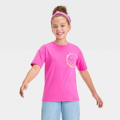 Girl Short Sleeve Smiley Overized Boxy Graphic T-Shirt