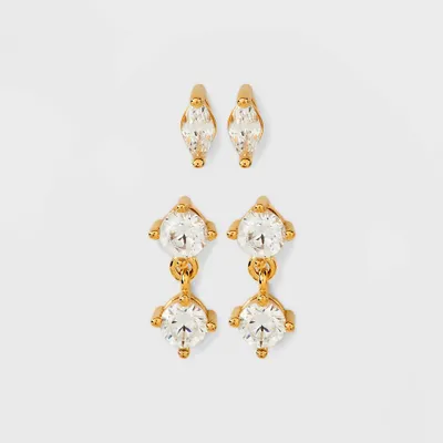 14K Gold Plated Cubic Zirconia Marquise and Dangle Duo Stud Earring Set 2pc - A New Day Gold