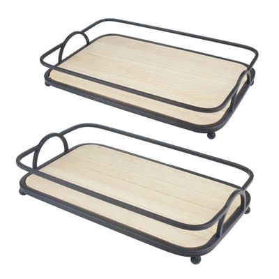 2pc Modern Rectangle Wood and Metal Serving Tray Set Brown - Stonebriar Collection: Nesting, Decorative Centerpiece