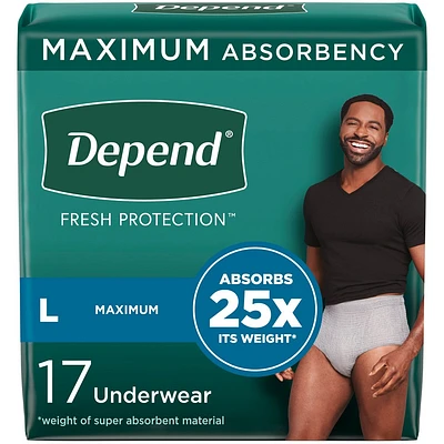 Depend Fresh Protection Adult Incontinence Disposable Underwear for Men - Maximum Absorbency - L - Gray
