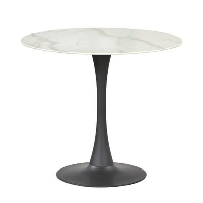 Buylateral 36 Rho Round Dining Table White: Faux Marble Top, 4-Seater, Glam Style, Metal Pedestal Base