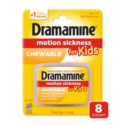 Dramamine Kids Chewable Motion Sickness Relief Tablets for Nausea, Dizziness & Vomiting - Grape - 8ct